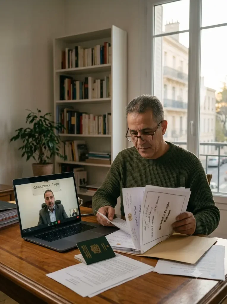 Marocain résidant à l'étranger préparant un dossier juridique concernant une succession au Maroc