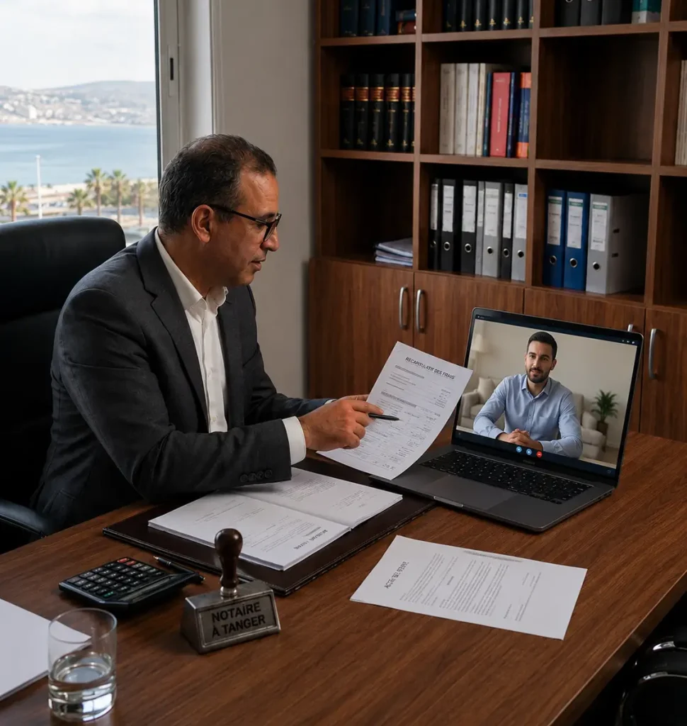 Notaire à Tanger en visioconférence avec un client résidant en France pour préparer une signature d'acte notarié